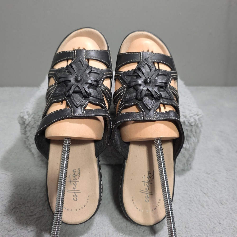 Clarks Collection Delana Venna Black Leather Wedge Sandals Women's 9.5 M Star‎